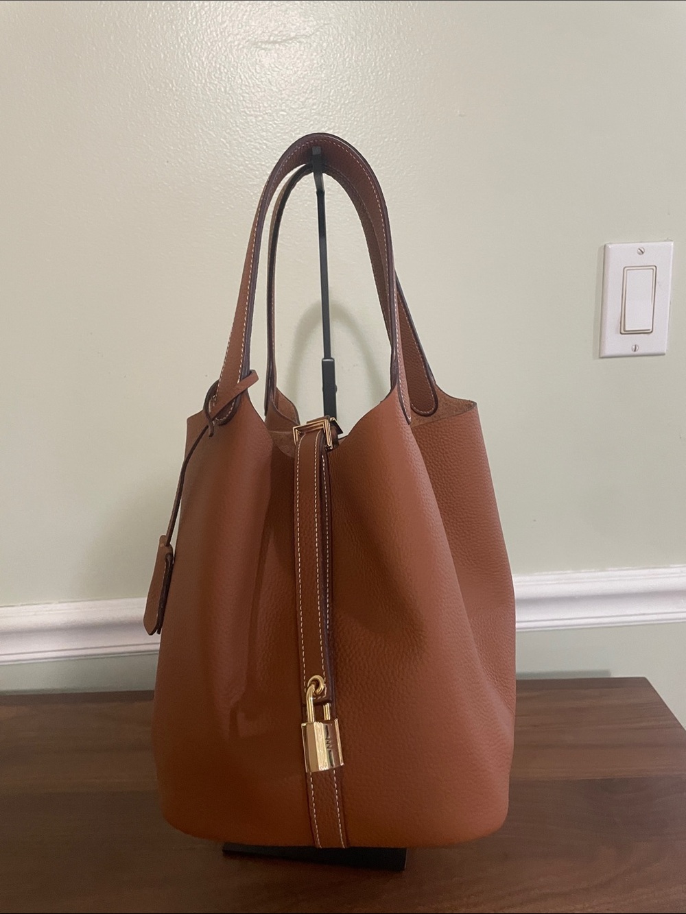 Brown Leather Bucket Tote Bag with Gold Hardware